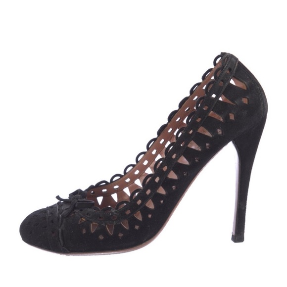 ALAÏA Black Suede Laser-Cut Bow Heels | IT 38.5 (US 8.5) | Designer Heels - Picture 1 of 5